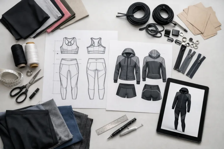 How to Find a Clothing Manufacturer 4 A workspace showing gym apparel sketches, athletic fabric swatches, and a digital tech pack—highlighting how designs are prepared for custom gym clothing manufacturing.