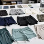 Assorted custom gym shorts laid out, demonstrating industry choices like inseam, liner, pocket, and branding options for manufacturing.