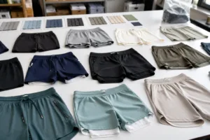 Home 41 Assorted custom gym shorts laid out, demonstrating industry choices like inseam, liner, pocket, and branding options for manufacturing.