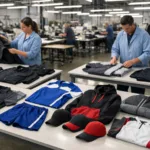 High-quality branded team apparel being inspected on a factory floor with clear attention to detail. Represents professional, modern garment manufacturing for organizations.