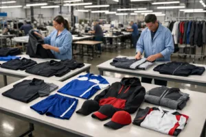 Home 42 High-quality branded team apparel being inspected on a factory floor with clear attention to detail. Represents professional, modern garment manufacturing for organizations.