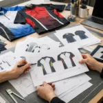 A modern design workspace with technical sheets, teamwear samples, and color swatches, reflecting the planning stage crucial for accurate custom team clothing lead time.
