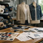 A professional apparel supply chain office with fabric rolls, prototypes, and coordination materials, illustrating the journey from fabric to finished garment.