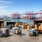 A professional image of apparel goods being loaded for export beside a major hub, symbolizing the connection between production and port logistics.
