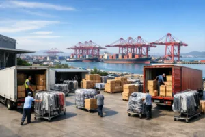 Home 41 A professional image of apparel goods being loaded for export beside a major hub, symbolizing the connection between production and port logistics.