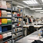 A modern, well-organized apparel production workshop showing the start of the full-package process with fabrics and trims prepared.