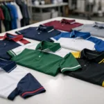 A selection of custom golf team polo shirts displayed on a manufacturing sample table, showing fabric textures and color precision under neutral lighting.