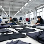 This image shows a modern manufacturing floor with technicians assembling gym clothing prototypes, introducing the founder's production journey.