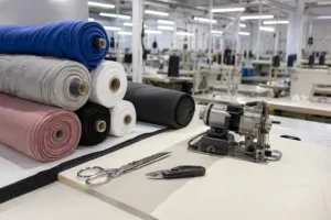 Home 41 Neatly organized bolts of polyester, nylon, cotton, and blend fabrics on a manufacturer’s table for gym clothing production. Clean, professional setting demonstrating fabric comparison.