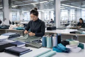 Home 43 A professional garment factory preparing fabrics and trims for gym apparel production, visually emphasizing the connection between material choices and MOQ drivers.