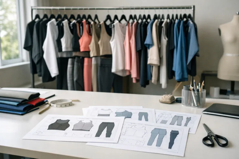 Low MOQ Clothing Manufacturer 19 A gym clothing manufacturer's sample room featuring various prototypes and technical documentation, ideal for brands evaluating production partners.