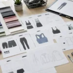 Photo showing gym clothing tech pack sketches, fabrics, and measurement tables—emphasizing the importance of detailed preparation before contacting a manufacturer.