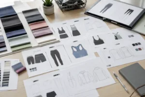 Home 41 Photo showing gym clothing tech pack sketches, fabrics, and measurement tables—emphasizing the importance of detailed preparation before contacting a manufacturer.