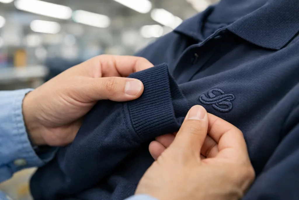 How to Develop and Source Long Sleeve Cotton Polo Shirts for Workwear – Key Purchasing and Fabric Decisions 2 inspector polo shirt cuff logo