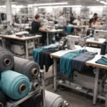 A bright, professional gym clothing manufacturing floor with rolls of fabric and workers at sewing stations, showcasing the context for low MOQ production.