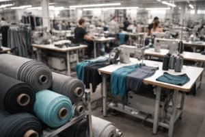 Home 41 A bright, professional gym clothing manufacturing floor with rolls of fabric and workers at sewing stations, showcasing the context for low MOQ production.