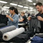 A photo-realistic look at a modern gym clothing factory floor, highlighting the technical fabrics and apparel quality checks common in USA and China manufacturing.