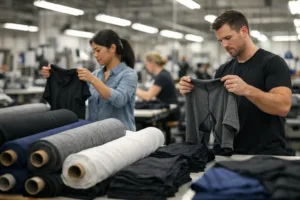 Home 41 A photo-realistic look at a modern gym clothing factory floor, highlighting the technical fabrics and apparel quality checks common in USA and China manufacturing.