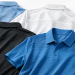 This image displays several moisture-wicking golf polos laid out to reveal fabric knits and ventilation details crucial for teams and brand bulk sourcing decisions.