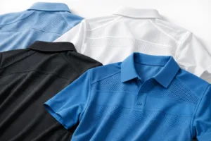 Home 44 This image displays several moisture-wicking golf polos laid out to reveal fabric knits and ventilation details crucial for teams and brand bulk sourcing decisions.
