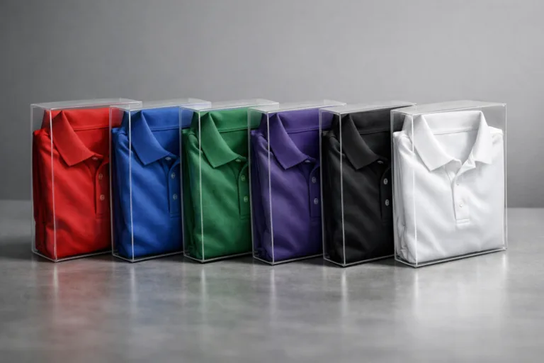 Low MOQ Clothing Manufacturer 14 Finished moisture-wicking golf polos in assorted colors are boxed and prepared for delivery, highlighting final quality checks and packaging for bulk team and brand shipment.