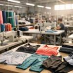 A detailed view of a gym clothing factory illustrating the choices brands make between OEM, private label, and wholesale production.
