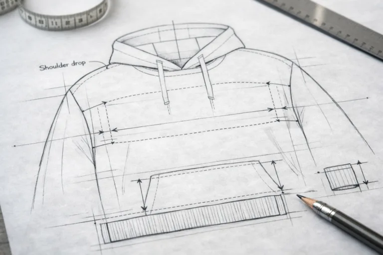 Clothing Manufacturers for Startups 2 Detailed pattern layout used to engineer oversized hoodies, capturing the fit scaling, chest width, and rib proportions for mass production.
