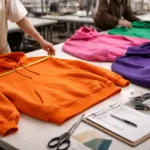 Image shows multiple oversized streetwear hoodies inspected by production staff, highlighting fit and measurement details crucial in manufacturing.