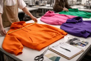 Home 42 Image shows multiple oversized streetwear hoodies inspected by production staff, highlighting fit and measurement details crucial in manufacturing.