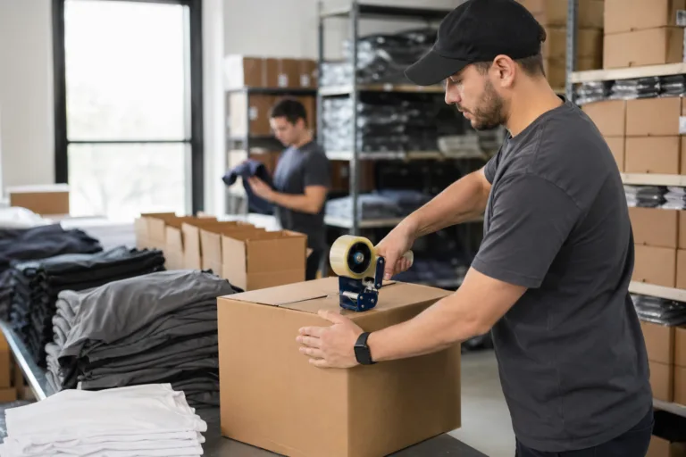 Low MOQ Clothing Manufacturer 24 Bulk packaging and labeling process for custom Dri-Fit shirts prepared for large event fulfillment, showing organized logistics.