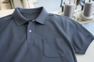 Home 42 A clean, detailed view of a cotton pocket polo that highlights stitching, fabric texture, and garment finish for uniform buyers.