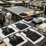 A wide-angle view of an organized clothing production floor, featuring gym apparel patterns, activewear fabrics, blanks, and sample racks. Sets the stage for private label manufacturing.