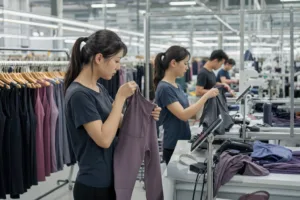 Home 41 Scene of gym clothing inspection at the factory stage, highlighting staff, measurement tools, and activewear products. Emphasizes accuracy in QC systems for serious brands.