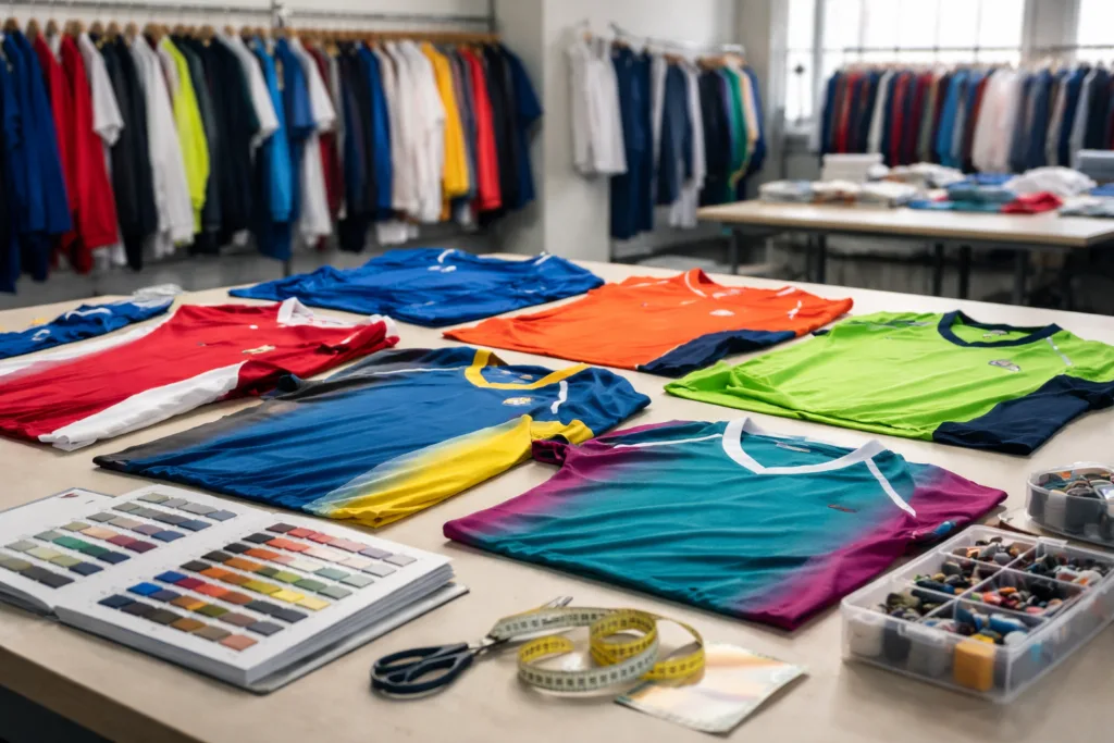 5 Critical Ways Samples Protect Your Custom Team Clothing Orders 1 A neatly organized garment factory sample room displaying prototype jerseys and team apparel for review and risk reduction.