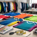A neatly organized garment factory sample room displaying prototype jerseys and team apparel for review and risk reduction.
