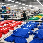A modern sports team apparel manufacturing facility showing workstation order and high-quality, colorful uniforms representative of team identity and performance.