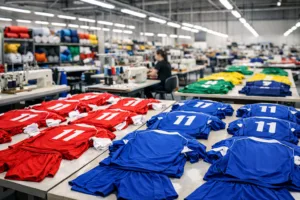 Home 44 A modern sports team apparel manufacturing facility showing workstation order and high-quality, colorful uniforms representative of team identity and performance.