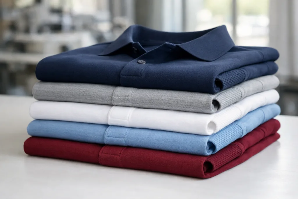 How to Develop and Source Long Sleeve Cotton Polo Shirts for Workwear – Key Purchasing and Fabric Decisions 1 stacked long sleeve cotton polo shirts