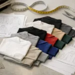 A detailed view of sampling preparation for streetwear hoodies showing selected fabrics, measurement tools, and technical documentation in a factory setting.