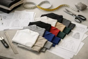 Home 42 A detailed view of sampling preparation for streetwear hoodies showing selected fabrics, measurement tools, and technical documentation in a factory setting.