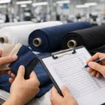 A factory worker checks fabric swatches for texture and color, showing the first step in team clothing manufacturer quality control.
