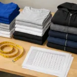 A product planning scene showing team clothing folded by size, with a measuring tape and a size chart, highlighting accuracy and preparation.