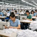 A wide angle photo-realistic view of a light-filled Vietnamese garment factory producing basic T-shirts in bulk, showing clean rows and efficient workflow.