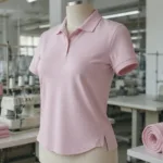 A detailed image focusing on a women’s polo shirt for uniforms, highlighting tailoring differences such as side slits, bust shaping, and improved waist-to-hip contour for industrial buyers.