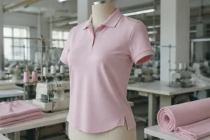 Home 41 A detailed image focusing on a women’s polo shirt for uniforms, highlighting tailoring differences such as side slits, bust shaping, and improved waist-to-hip contour for industrial buyers.