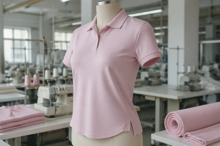Low MOQ Clothing Manufacturer 15 A detailed image focusing on a women’s polo shirt for uniforms, highlighting tailoring differences such as side slits, bust shaping, and improved waist-to-hip contour for industrial buyers.