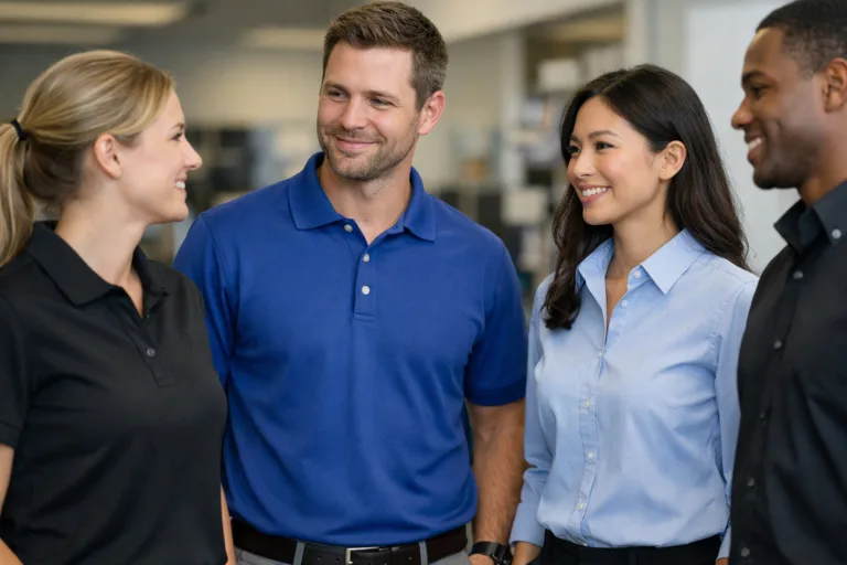 Clothing Manufacturers for Startups 6 Uniformed teams in polos and collared shirts, highlighting comfort, formality, and logo placement as part of a professional uniform program.