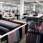 A clean, professionally lit activewear manufacturing facility showing a range of fabrics, sports bras, leggings, and product development activity supporting a women’s gym wear brand.