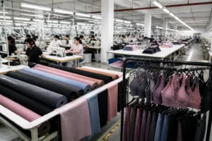 Home 41 A clean, professionally lit activewear manufacturing facility showing a range of fabrics, sports bras, leggings, and product development activity supporting a women’s gym wear brand.