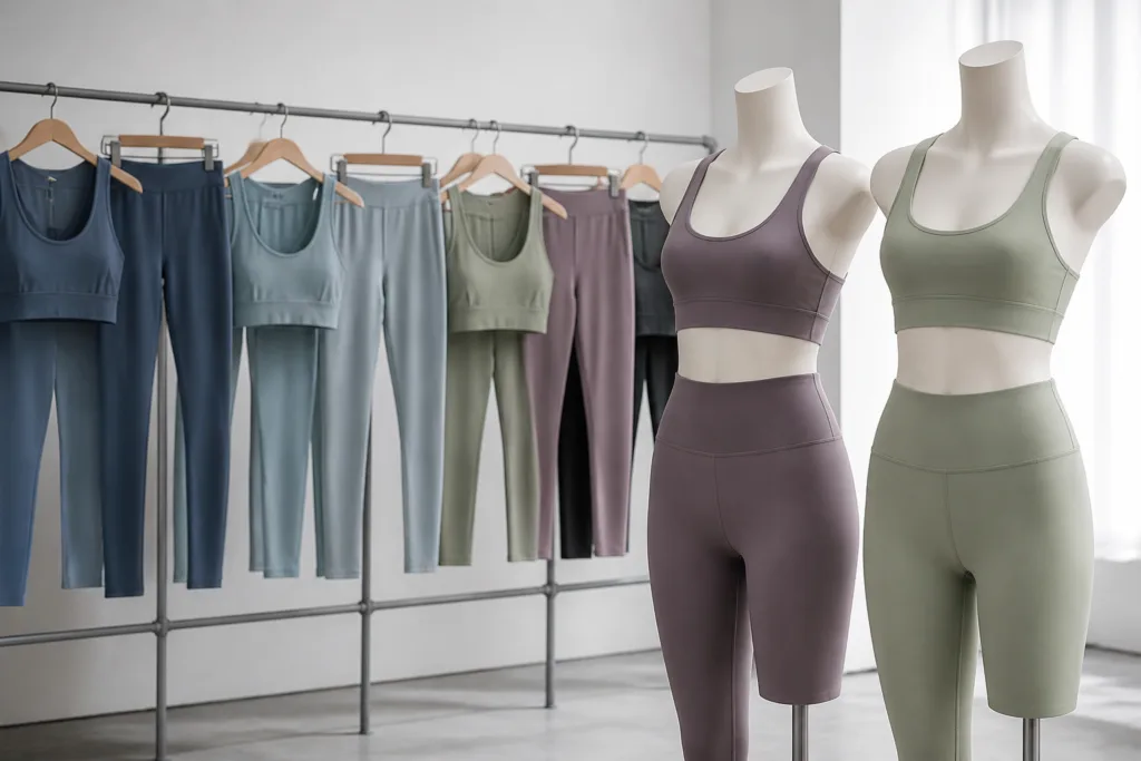 How to Build a Winning Women's Gym Wear Line: Manufacturing Guide 3 activewear sets product line display